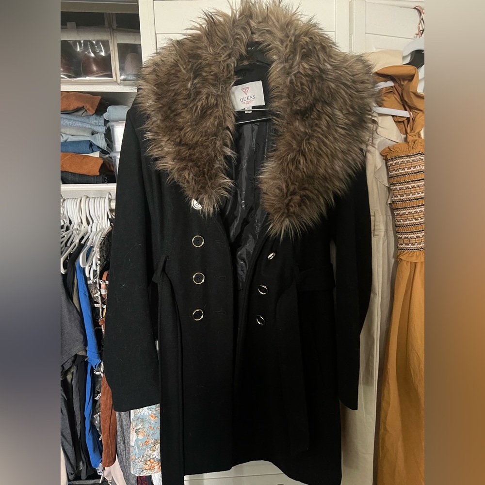 GUESS Fur Collared Black Peacoat